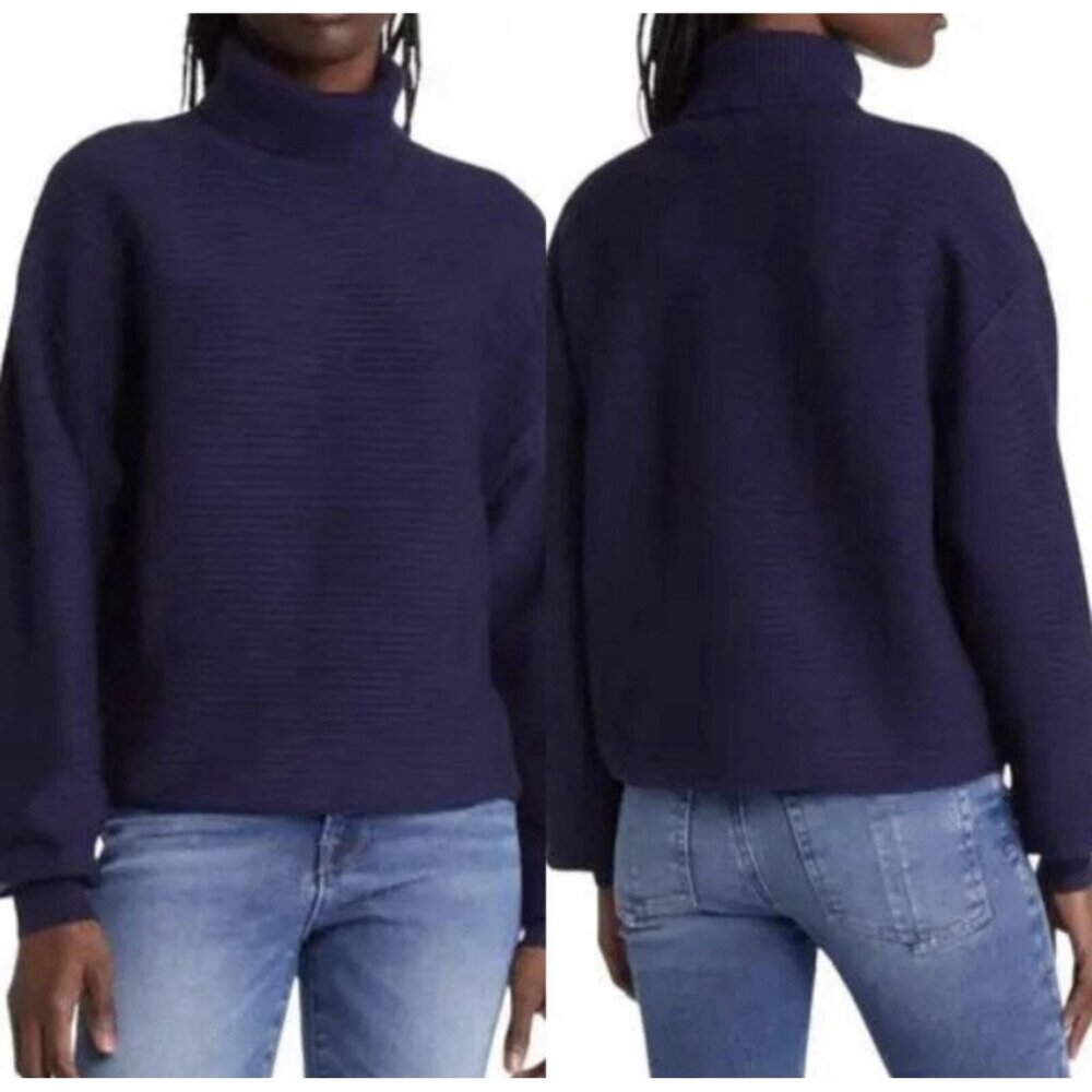 Good American Wide Rib Cropped Turtleneck Sweater in Blue Rinse Size 1 (Small)